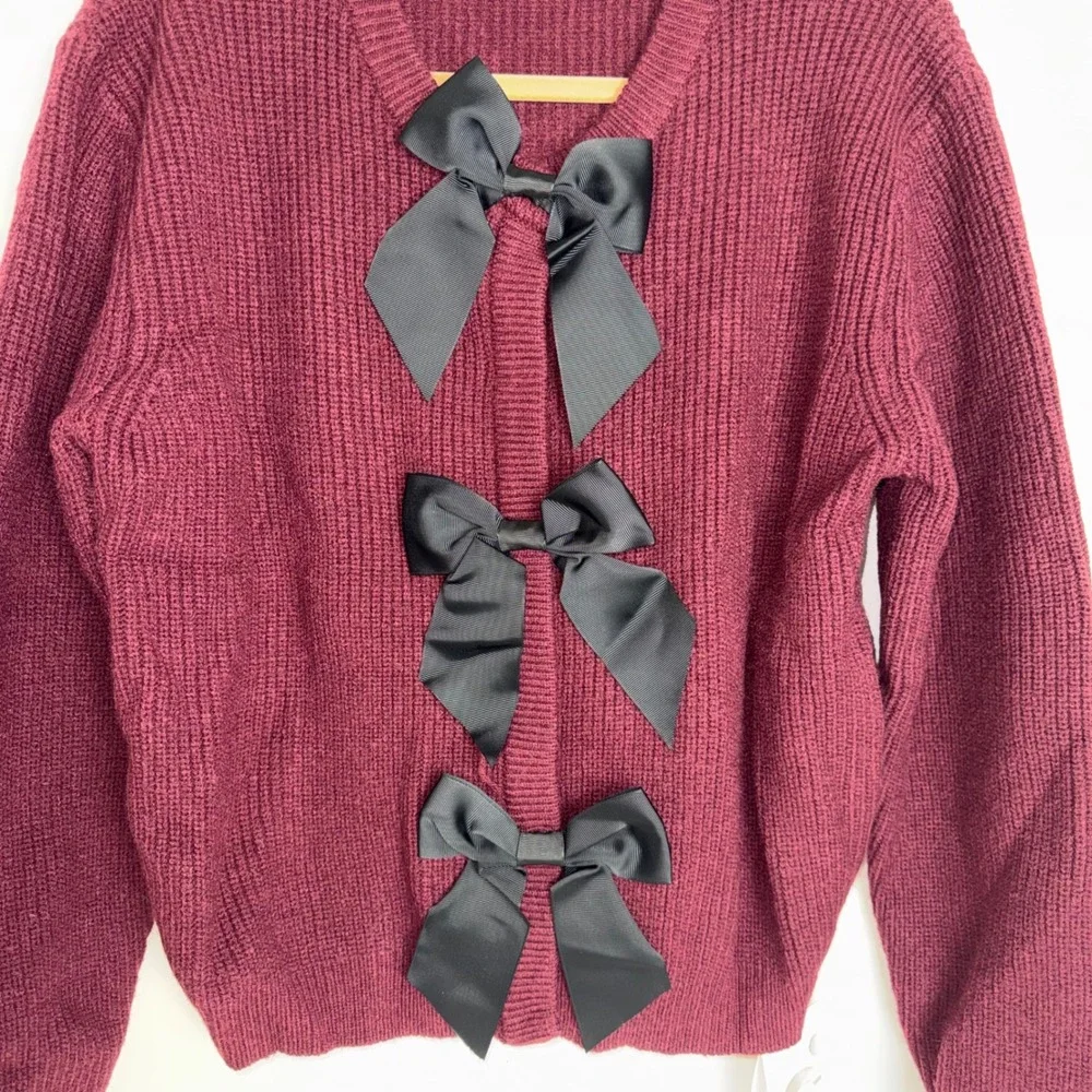 Commense Burgundy‎ Ribbed Cardigan Black Bows Button Front Womens Size M - Picture 3 of 10